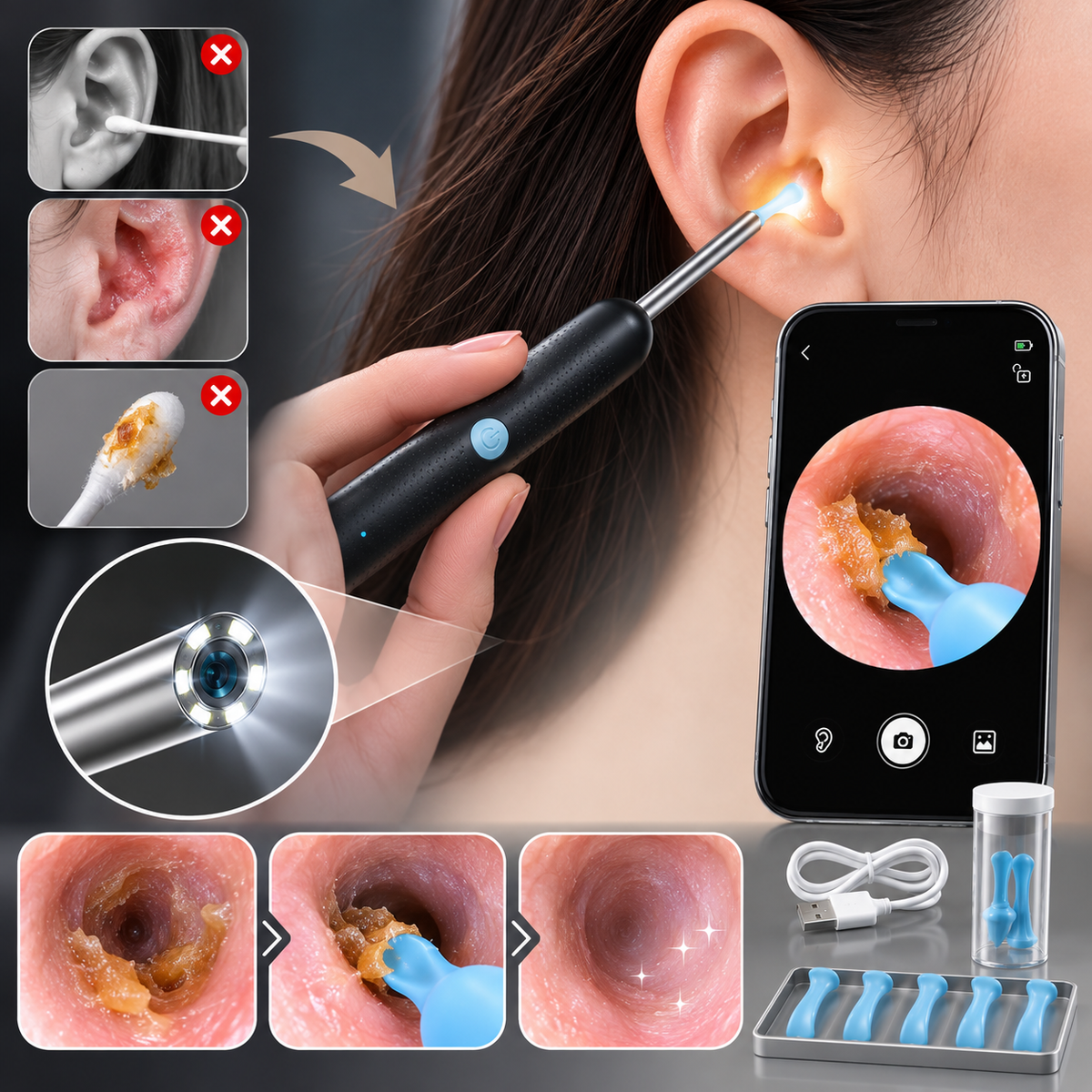 A handheld earoscope pen is shown being used on a person's ear, with a smartphone displaying an internal ear view. The image includes before-and-after style ear-clean visualization panels, a close-up of the tip, charging cable, storage case, and replacement tips on a clean white background.