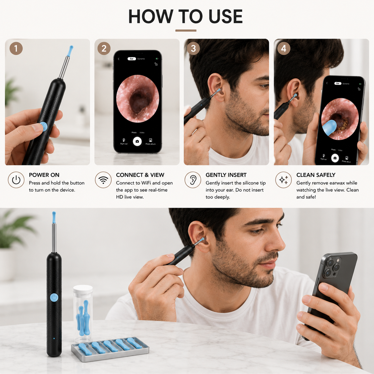 Instructional graphic showing how to use an ear candling wand. The top half has four numbered steps with a hand holding the wand and a smartphone showing a red inner-ear view, with text for power on, connect & view, gently insert, and clean safely.