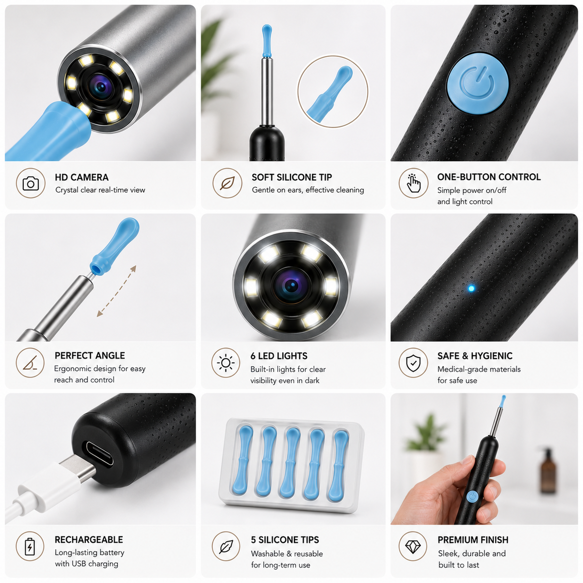 A 3x3 collage showing close-up features of a cylindrical black and silver electronic cleaning device, including a blue silicone tip, one-button control, 6 LED lights, charging port, and a hand holding the product with five blue silicone tips.