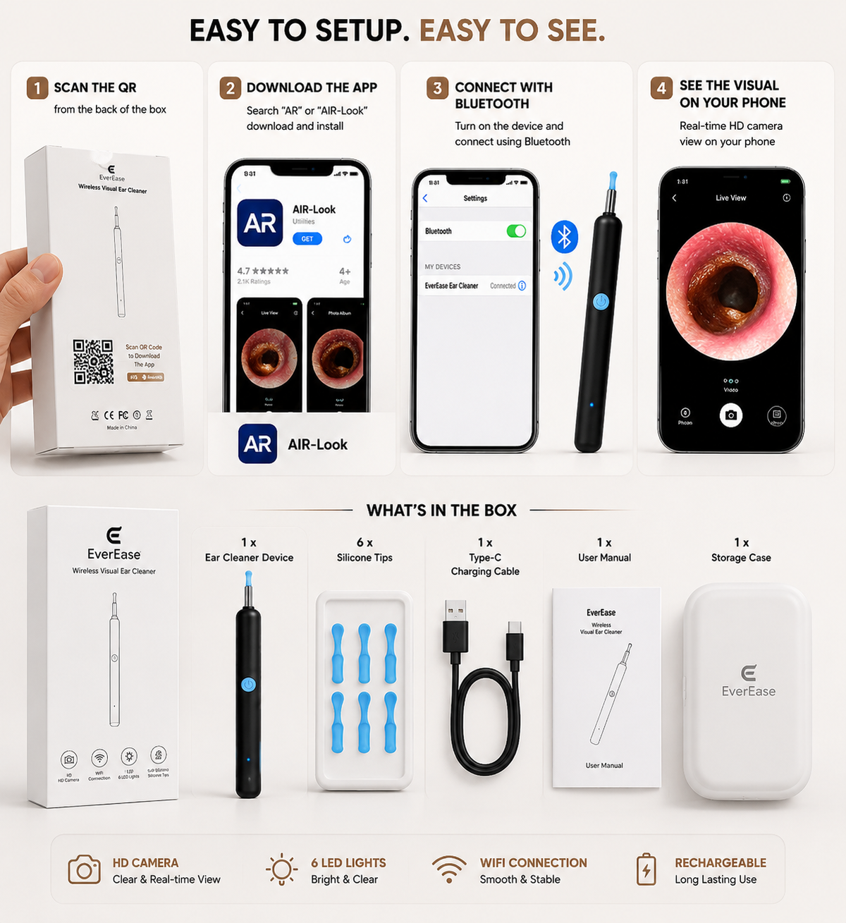 A multi-step setup and packaging overview graphic for the EverEase Air-Look ear cleaner. The image features a hand holding the product box on the left, followed by four numbered steps showing the QR code scan, downloading the AR-Look app, connecting via Bluetooth, and viewing the real-time HD camera view on a phone.
