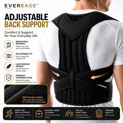 A person shown from the back wearing a black EverEase adjustable back support brace over a white T-shirt, with marketing text and icons explaining breathable material, adjustable fit, lightweight design, and durable construction.