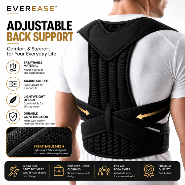 A person shown from the back wearing a black EverEase adjustable back support brace over a white T-shirt, with marketing text and icons explaining breathable material, adjustable fit, lightweight design, and durable construction.