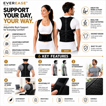 An infographic for EverEase back support braces, showing a person from the back wearing the product, with front and back views, feature icons, and text detailing comfort, adjustability, and use cases.